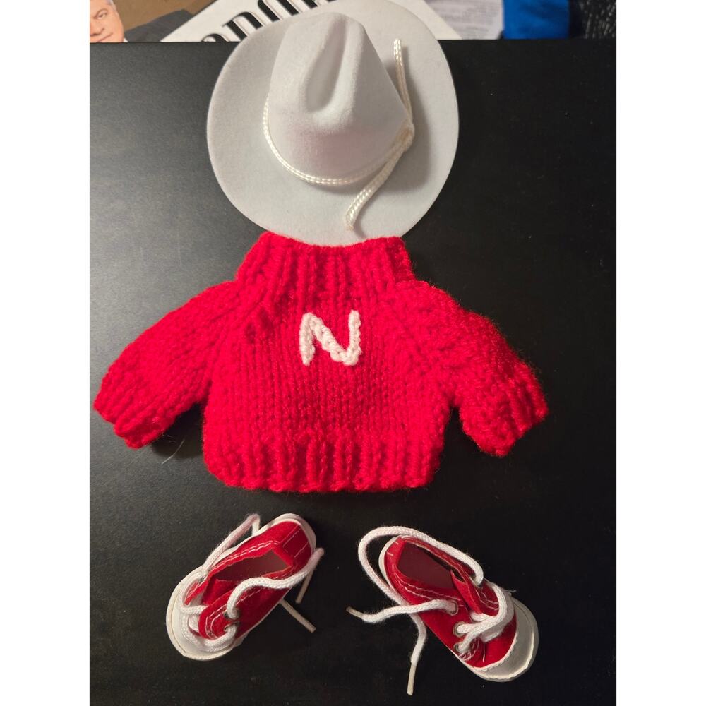 ​Tiny Nebraska Huskers Doll Outfit Red Knit Sweater Cowboy Hat Shoes Set Red